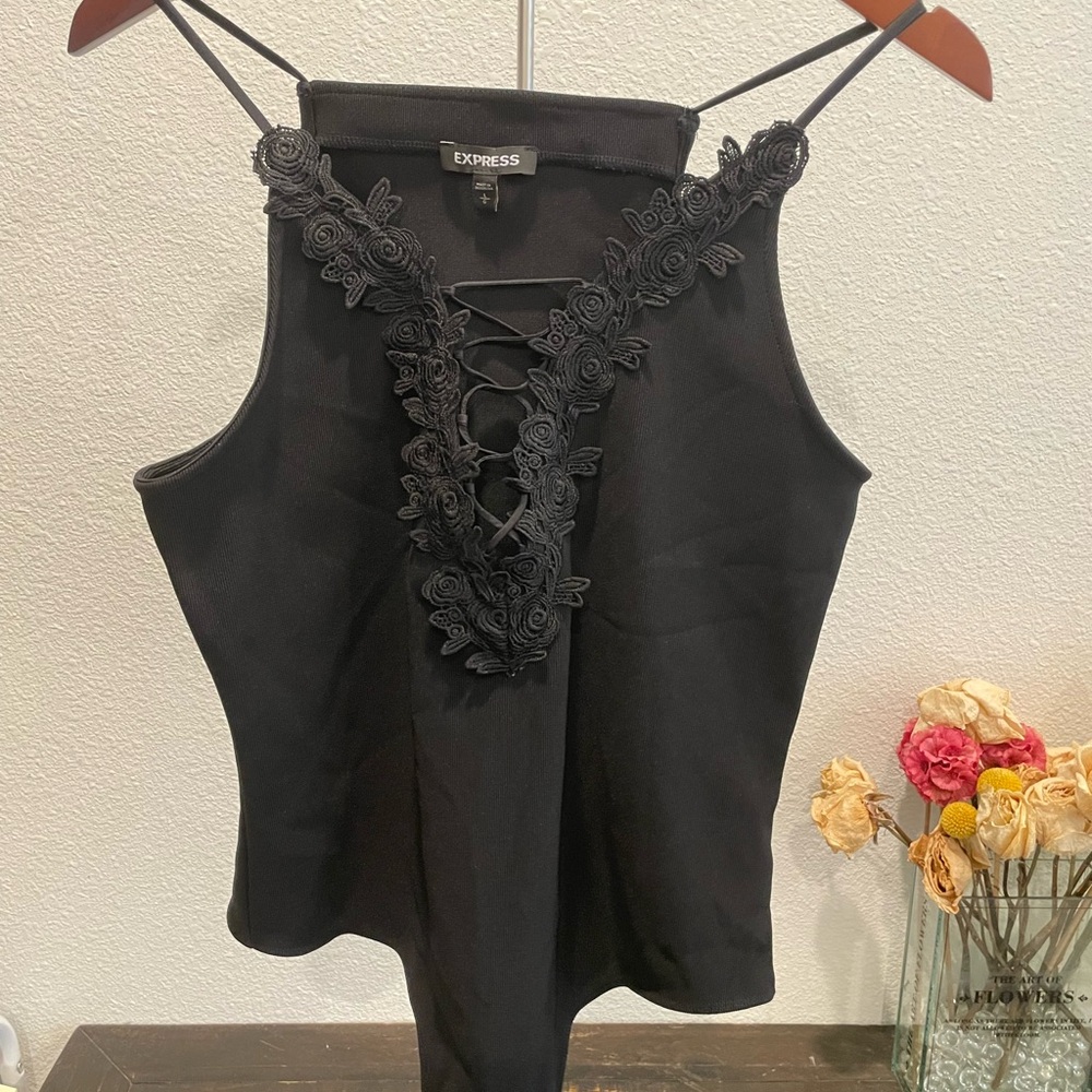 Express ribbed Black Lace-Up v neck Floral Bodysuit size large